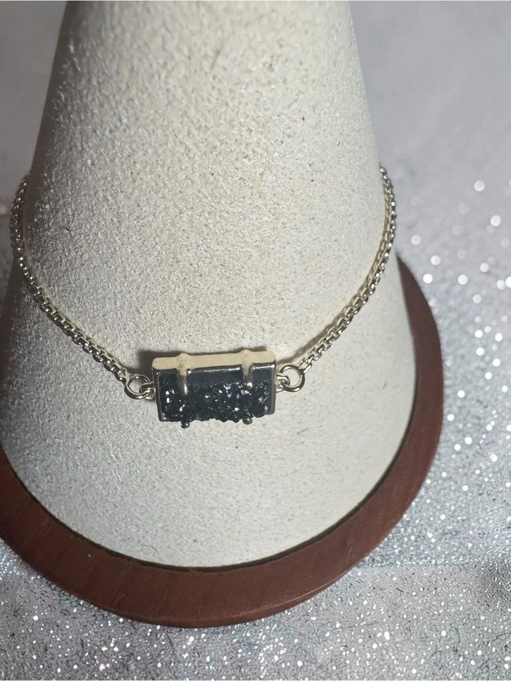 Kendra Scott Silver Adjustable Bracelet with Black Druzy Bar. NWT
